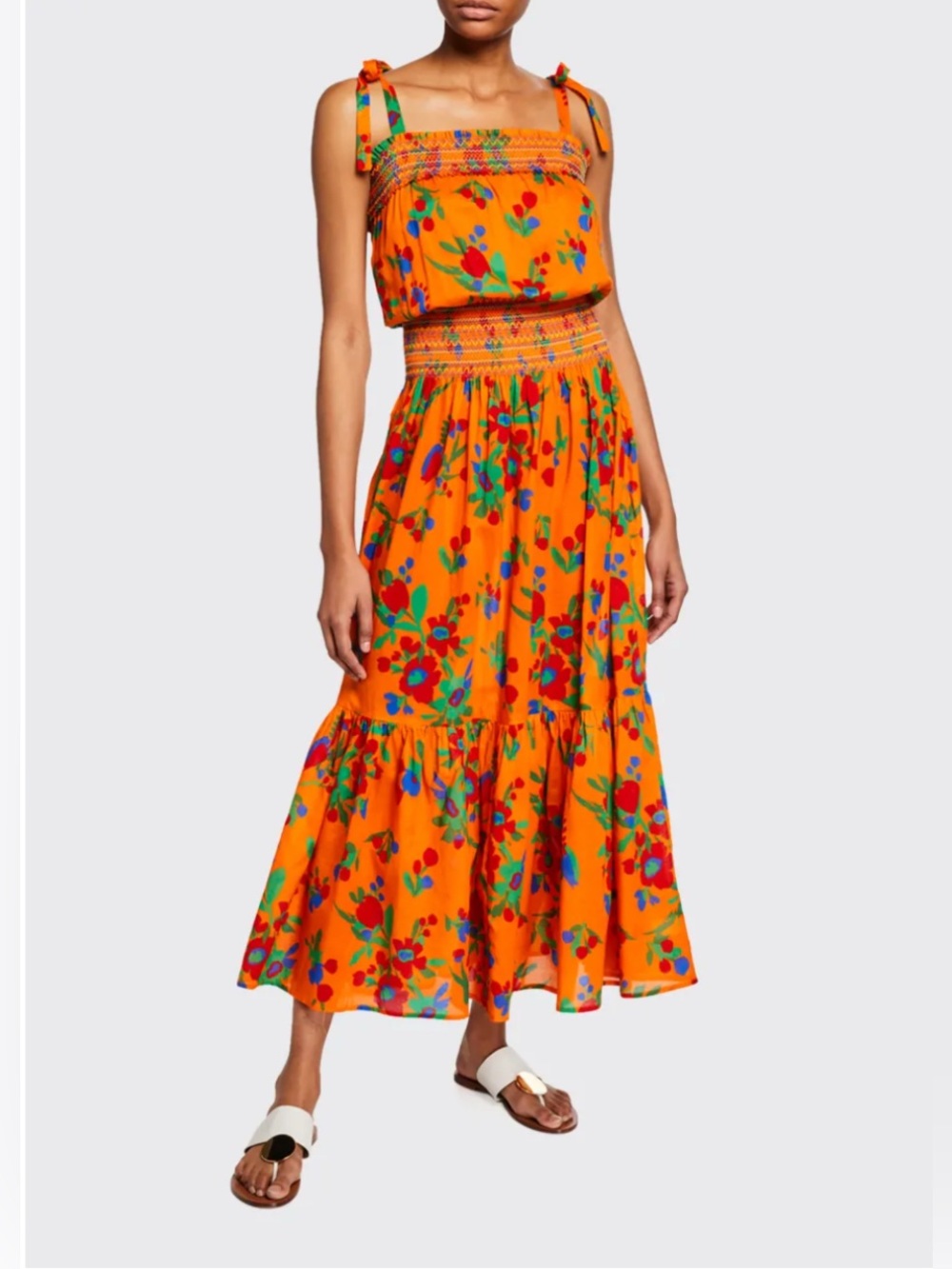 Tory Burch Colorful Resortwear Floral-Print Smocked Cotton Maxi Dress XL